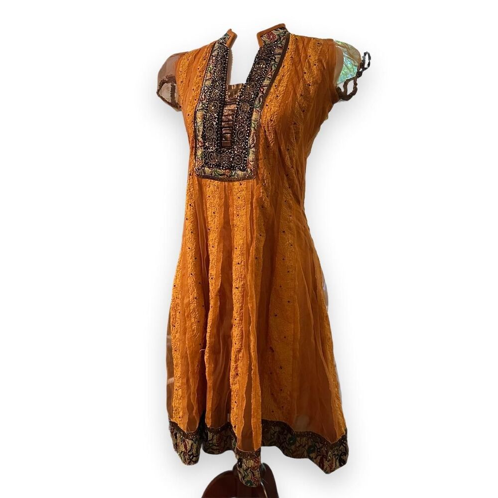 Orange Indian Kurta Midi Hand Embroidered Silk Dress